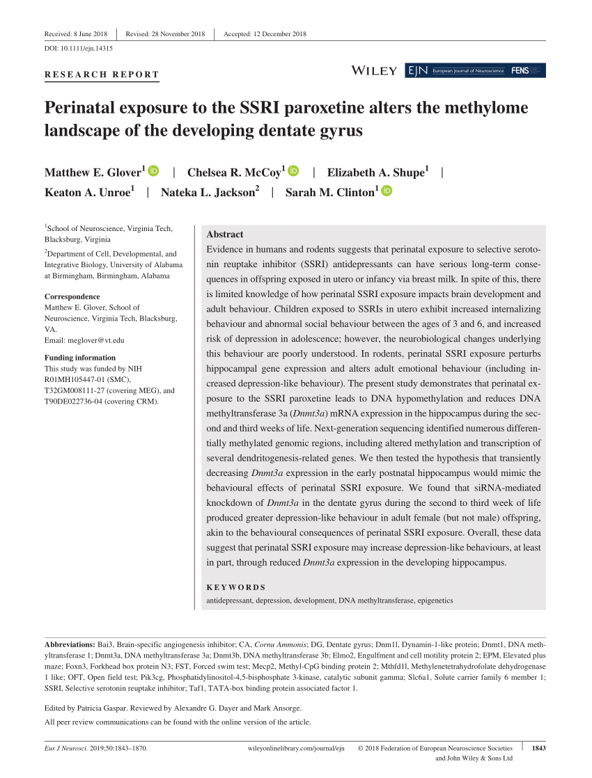 PDF) Perinatal exposure to the SSRI paroxetine alters the 