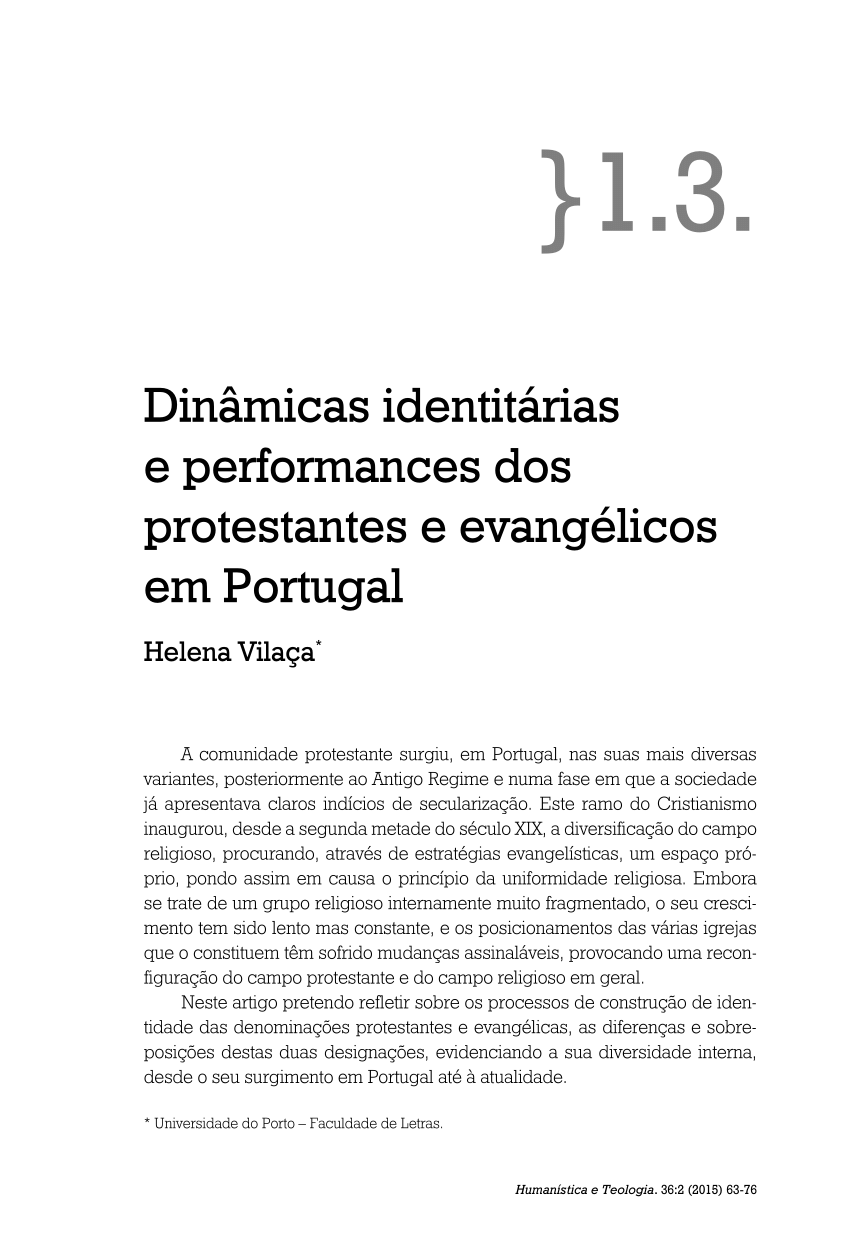 PDF) Dinâmicas identitárias e performances dos protestantes e evangélicos  em Portugal