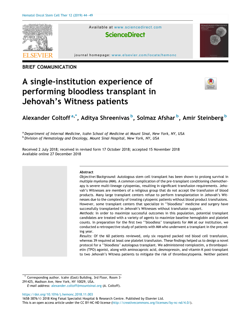 PDF) A Single-institution Experience of Performing Bloodless ...