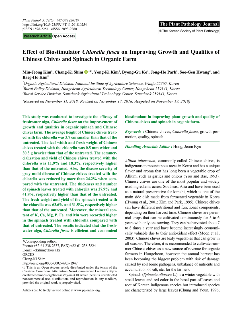 Gluren stereo schaak PDF) Effect of Biostimulator Chlorella fusca on Improving Growth and  Qualities of Chinese Chives and Spinach in Organic Farm