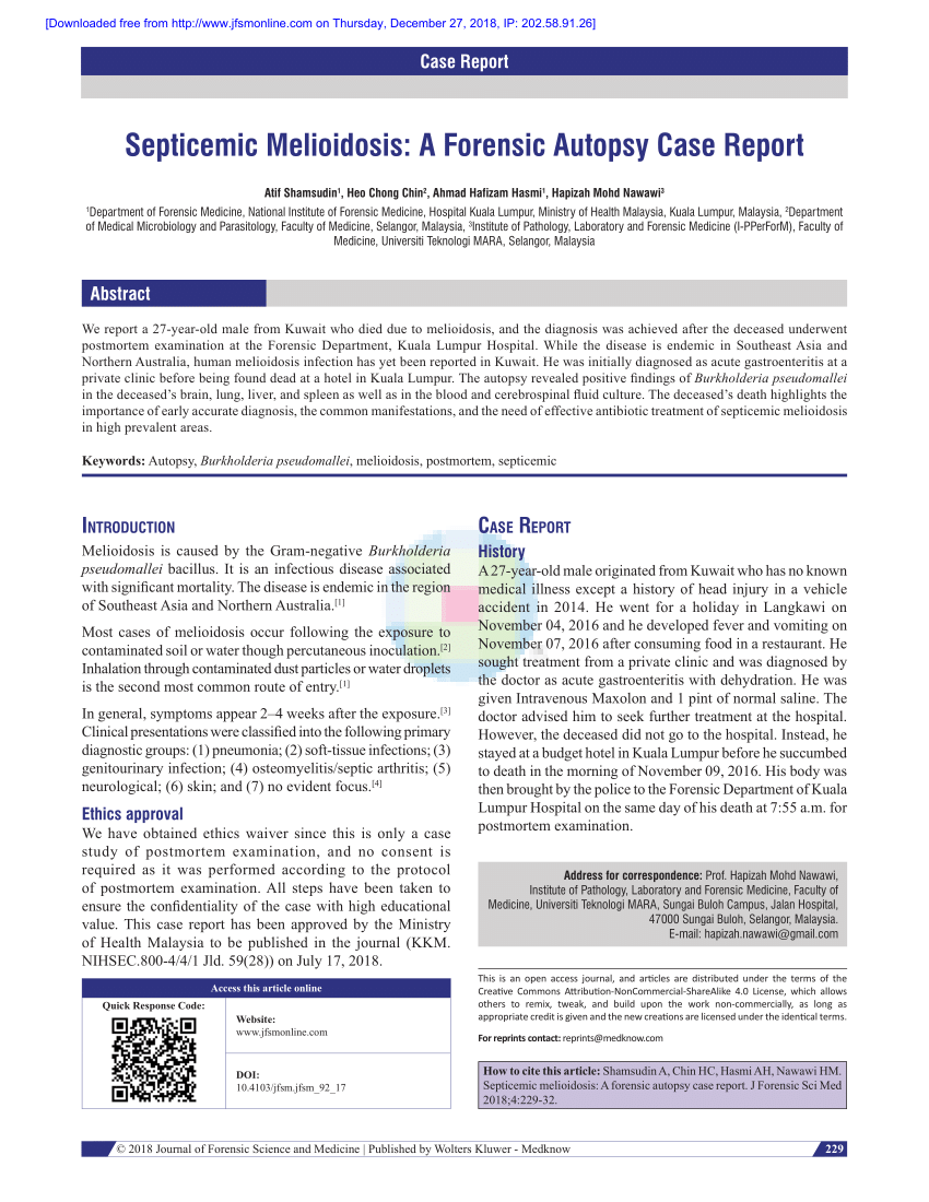 Pdf Septicemic Melioidosis A Forensic Autopsy Case Report