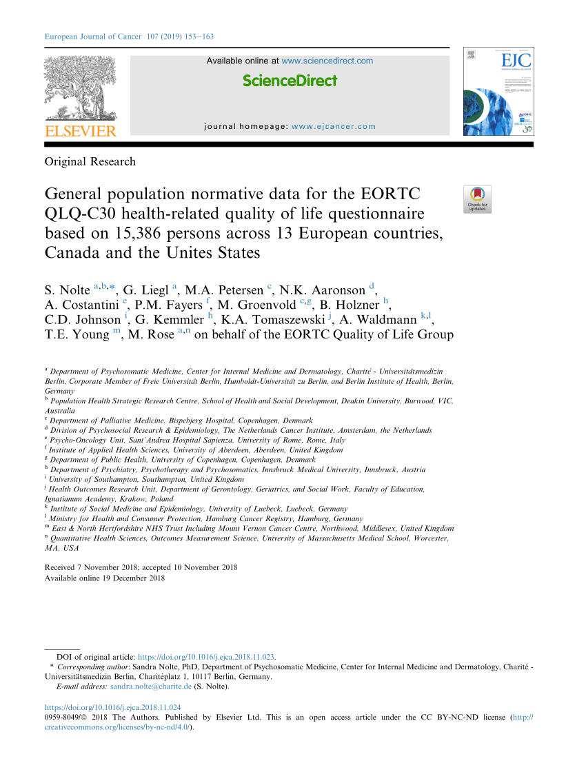 Pdf General Population Normative Data For The Eortc Qlq C30 Health Related Quality Of Life Questionnaire Based On 15 386 Persons Across 13 European Countries Canada And The Unites States