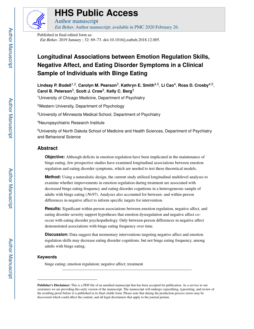 Pdf Longitudinal Associations Between Emotion Regulation Skills Negative Affect And Eating Disorder Symptoms In A Clinical Sample Of Individuals With Binge Eating