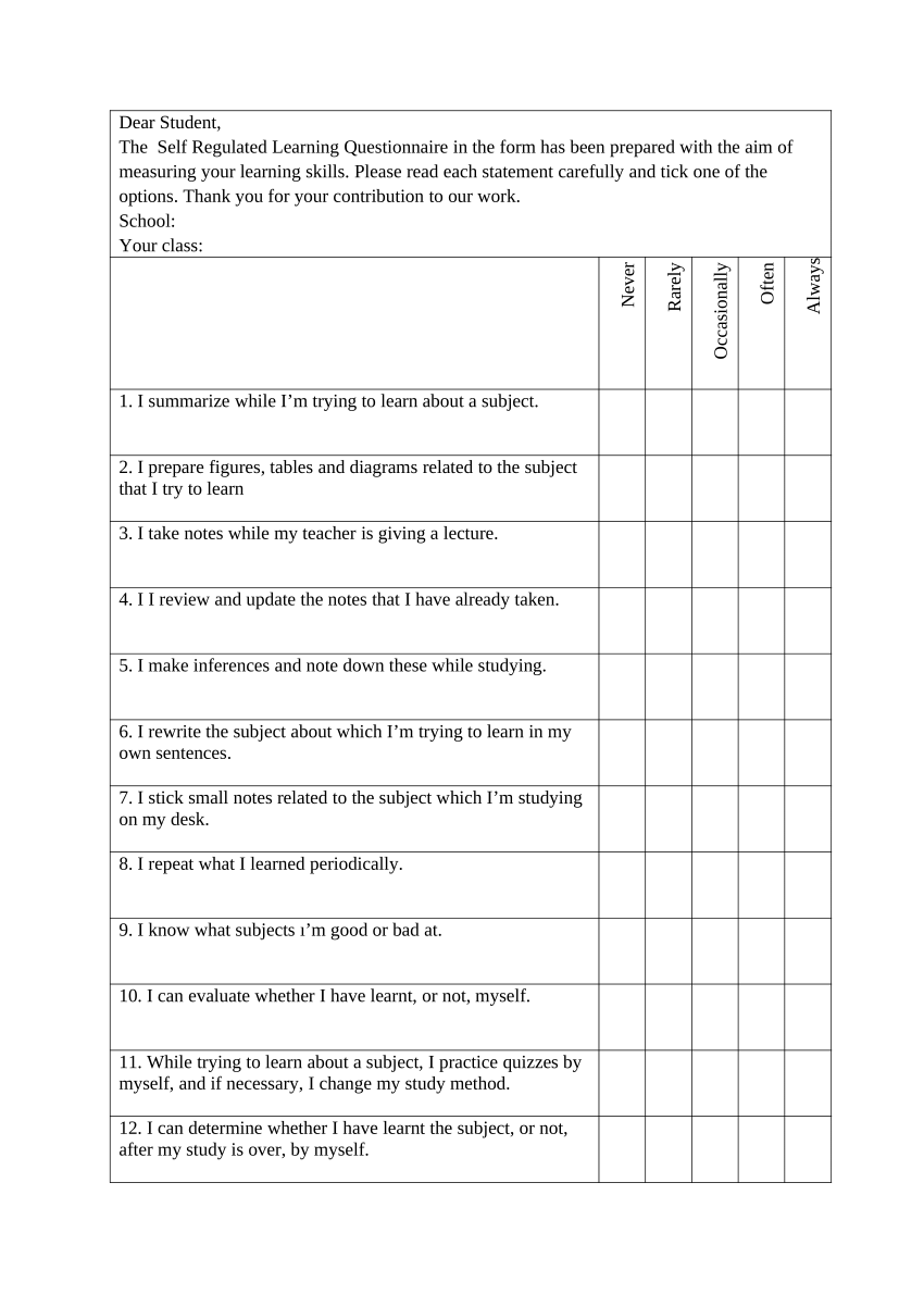 (PDF) Self Regulated Learning Questionnaire: Reliability and Validity Study