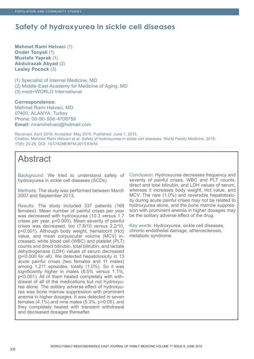 PDF Safety of Hydroxyurea in Sickle Cell Diseases