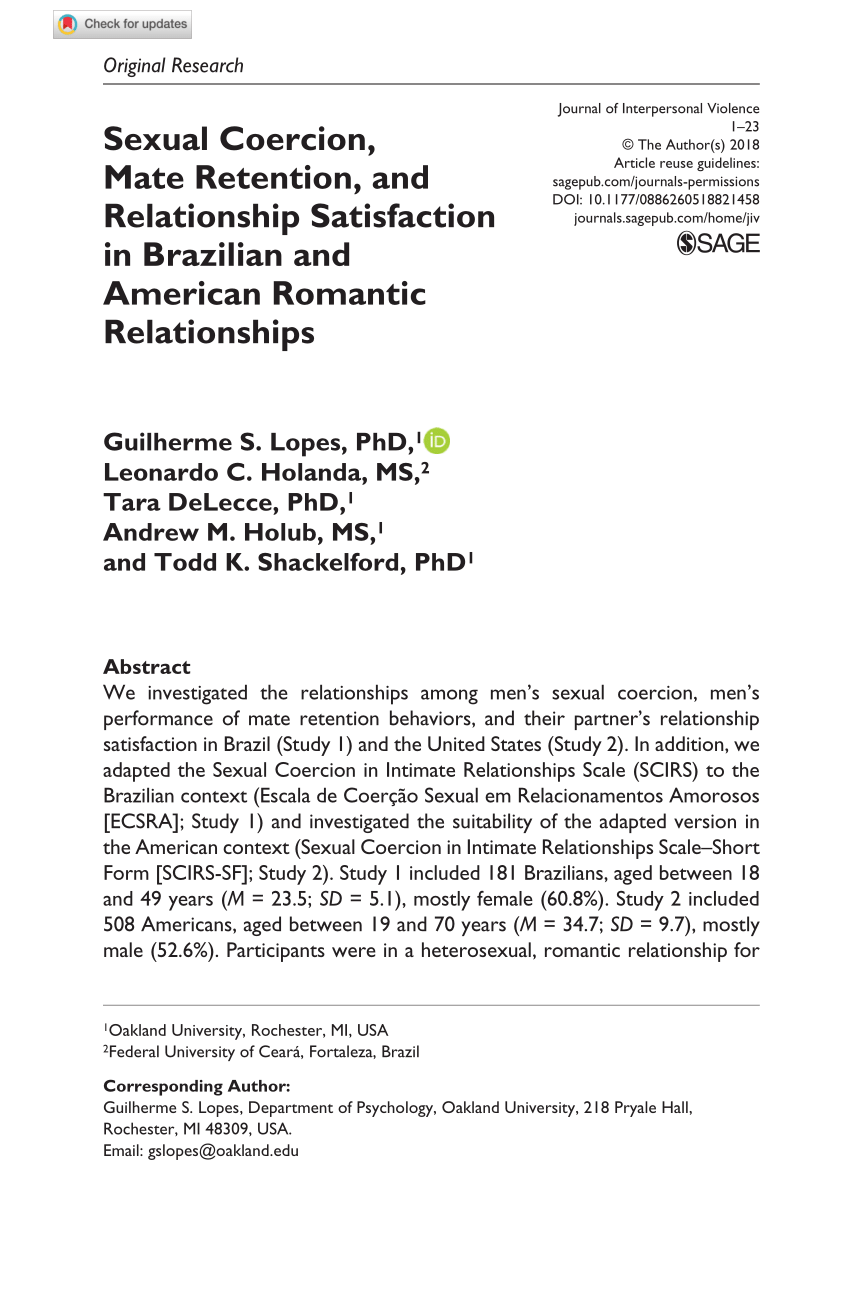 Pdf Sexual Coercion Mate Retention And Relationship Satisfaction In Brazilian And American 8801