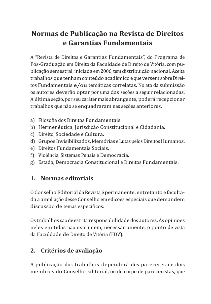 Pdf Normas De Publicação Na Revista De Direitos E Garantias Fundamentais