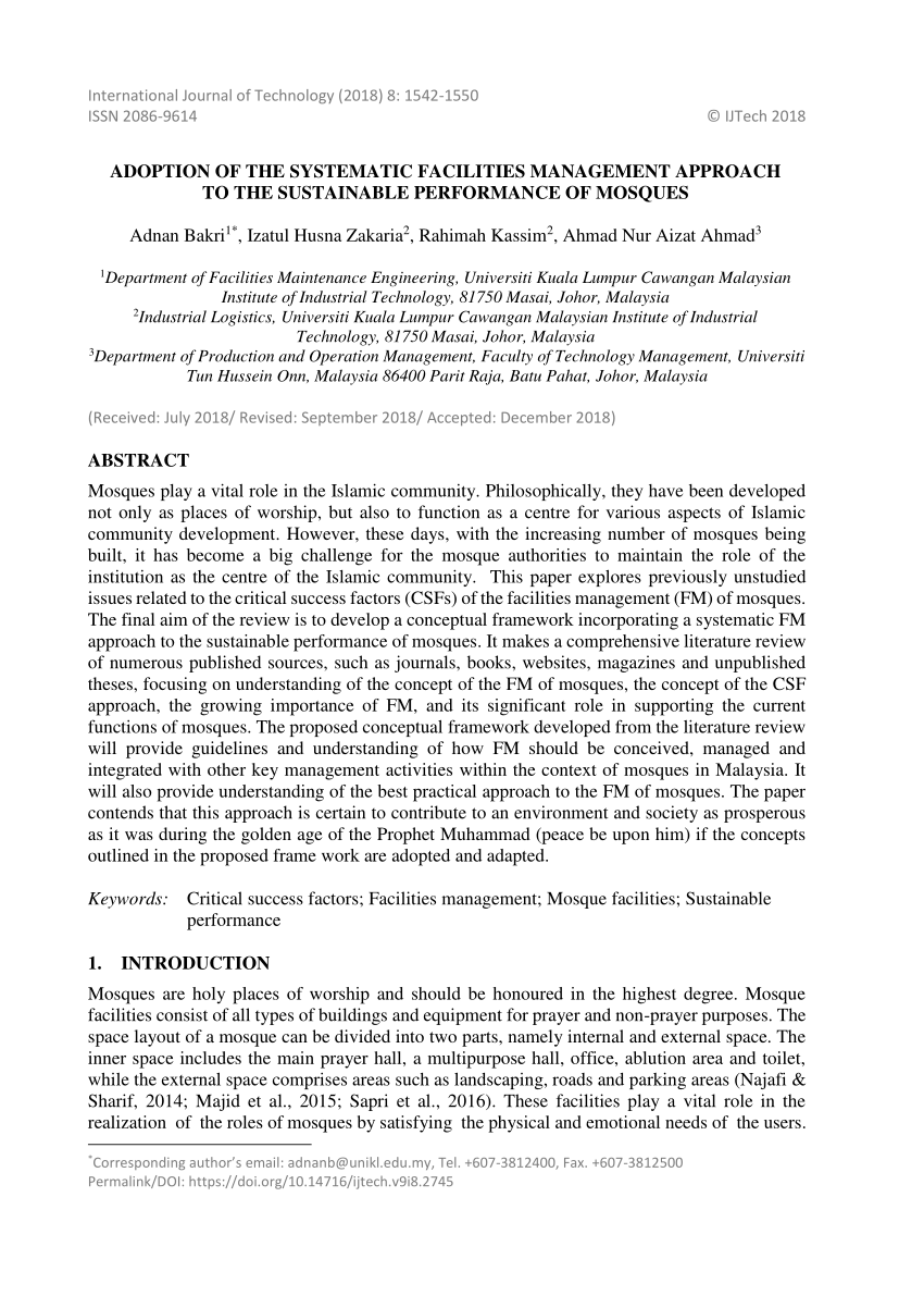 Pdf Adoption Of The Systematic Facilities Management Approach To The Sustainable Performance Of Mosques