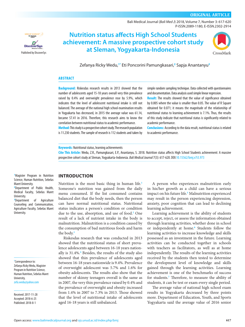 Pdf Nutrition Status Affects High School Students Achievement In A Massive Prospective Cohort Study At Sleman Yogyakarta Indonesia