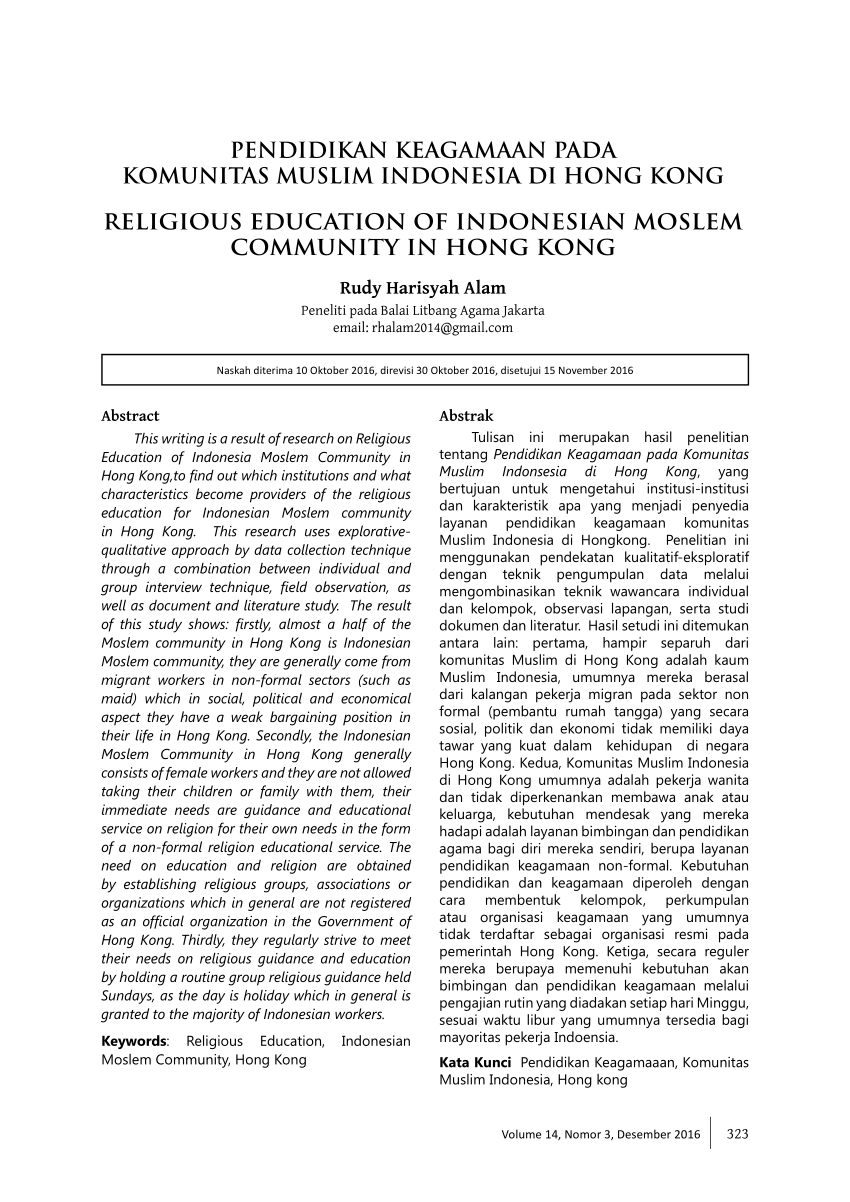 Pdf Pendidikan Keagamaan Pada Komunitas Muslim Indonesia Di Hong Kong