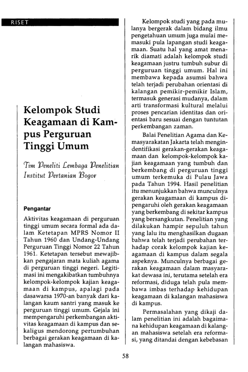 Pdf Kelompok Studi Keagamaan Di Kampus Perguruan Tinggi Umum