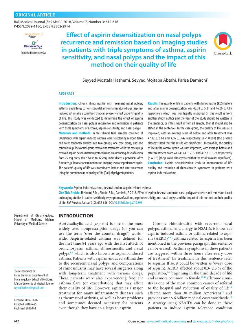 Pdf Effect Of Aspirin Desensitization On Nasal Polyps Recurrence And Remission Based On Imaging Studies In Patients With Triple Symptoms Of Asthma Aspirin Sensitivity And Nasal Polyps And The Impact Of This