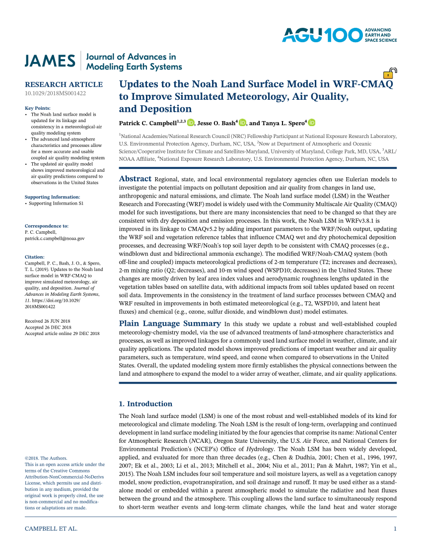 Pdf Updates To The Noah Land Surface Model In Wrf Cmaq To Improve Simulated Meteorology Air Quality And Deposition