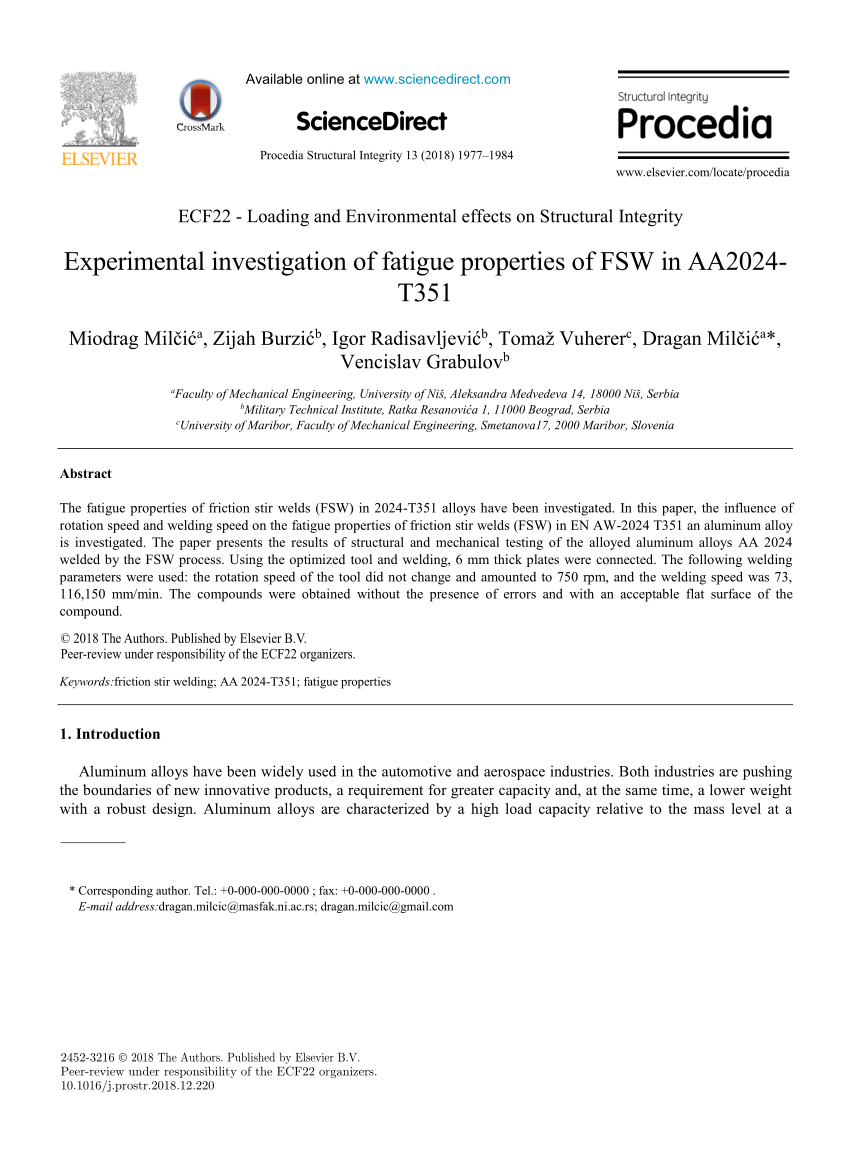 (PDF) Experimental investigation of fatigue properties of FSW in AA2024