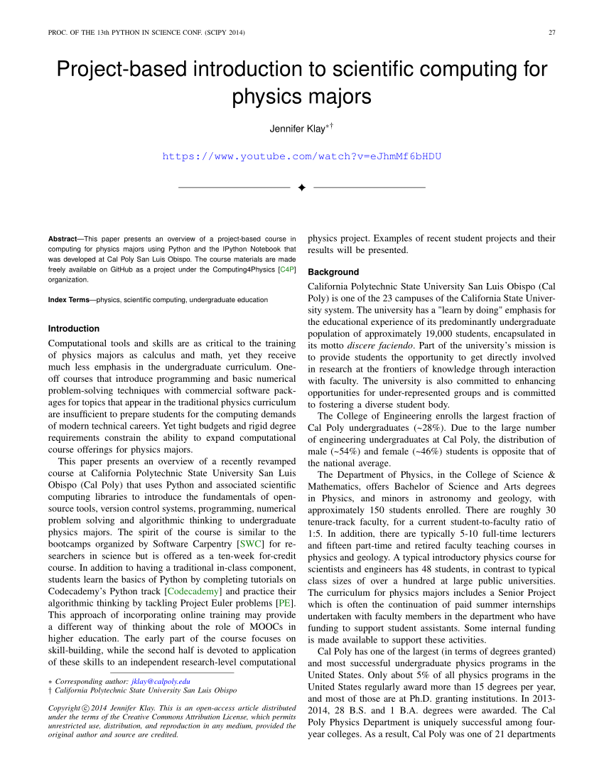 Pdf Project Based Introduction To Scientific Puting For Physics Majors
