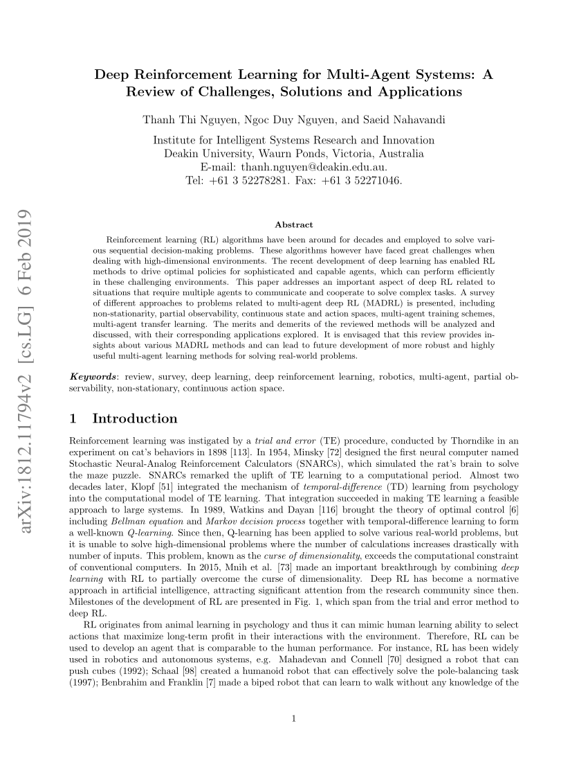 Pdf Deep Reinforcement Learning For Multi Agent Systems A Review Of Challenges Solutions And Applications