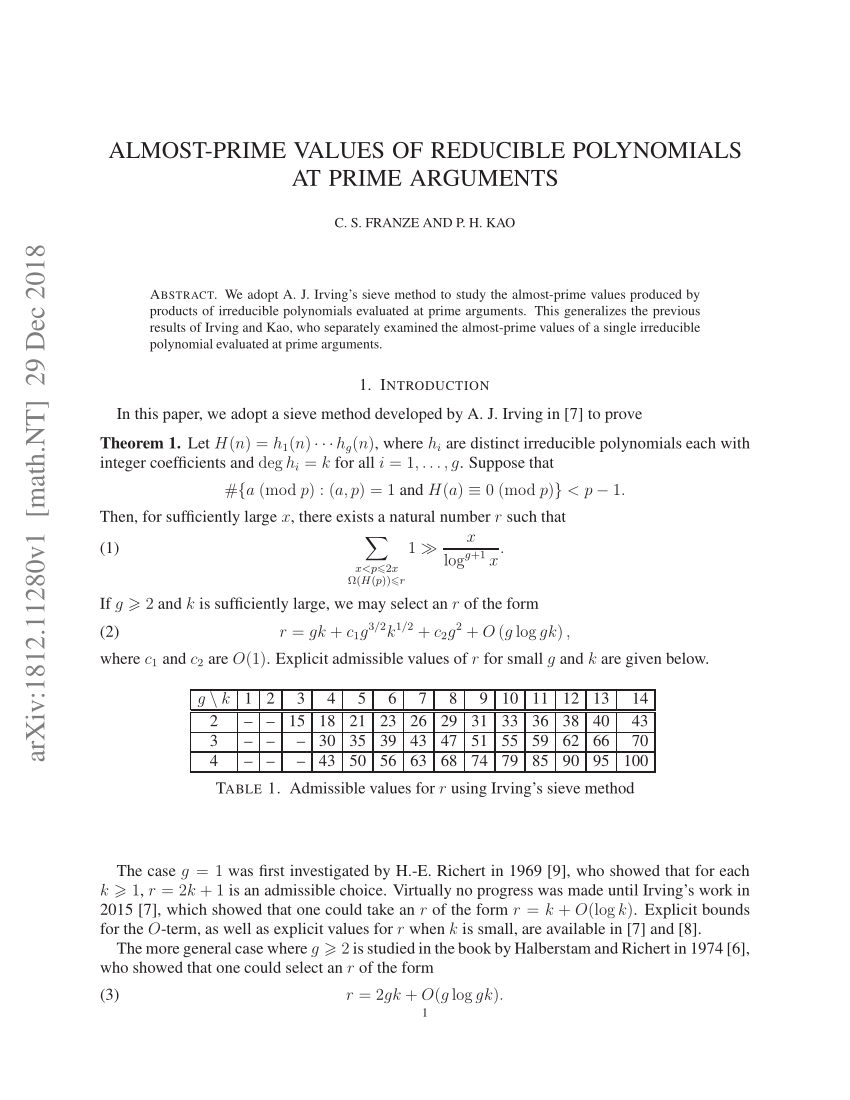 Pdf Almost Prime Values Of Reducible Polynomials At Prime Arguments