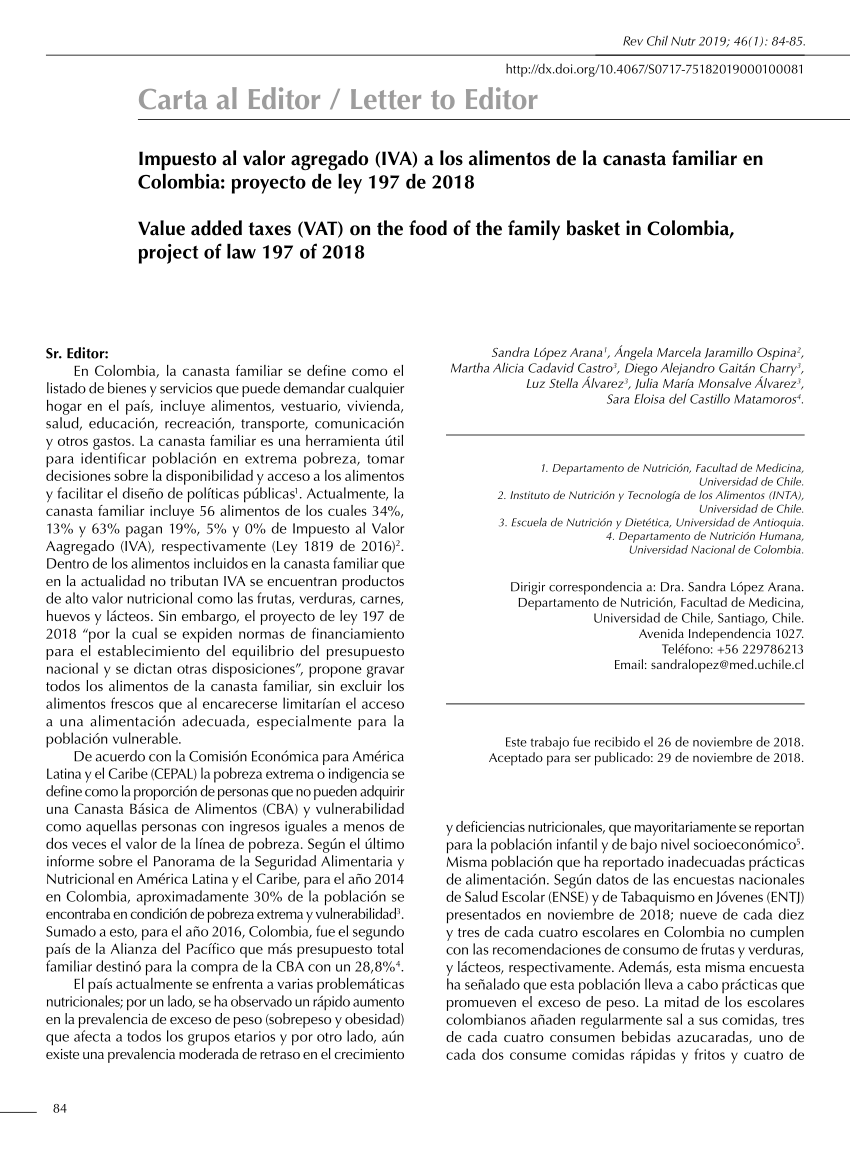 Pdf Impuesto Al Valor Agregado Iva A Los Alimentos De La Canasta Familiar En Colombia Proyecto De Ley 197 De 18