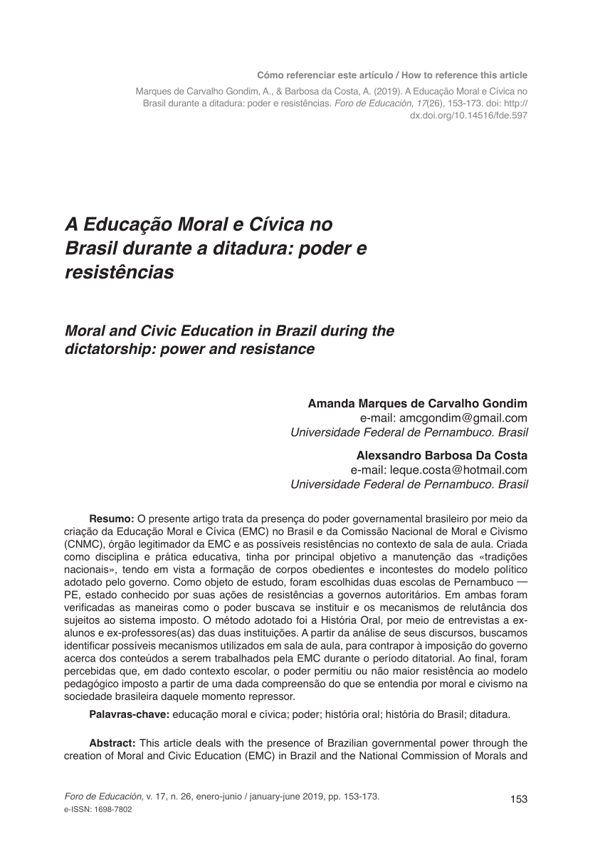 PDF) educação moral e cívica: uma historia disciplinar. 2019.