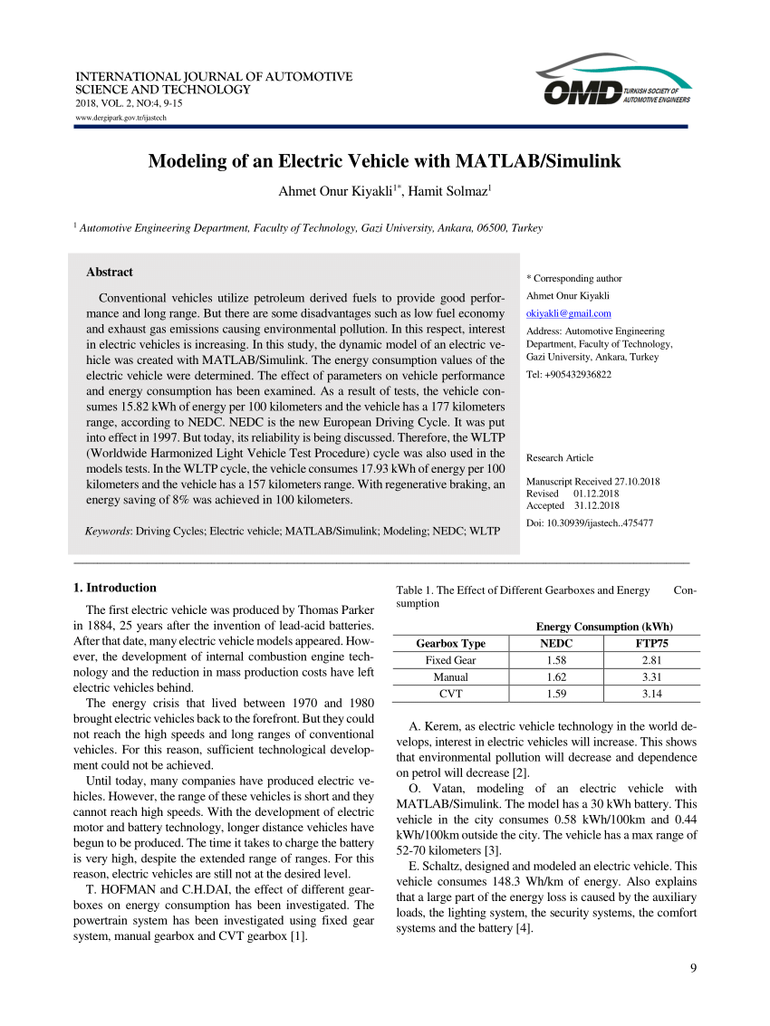 (PDF) Modeling of an Electric Vehicle with MATLAB/Simulink