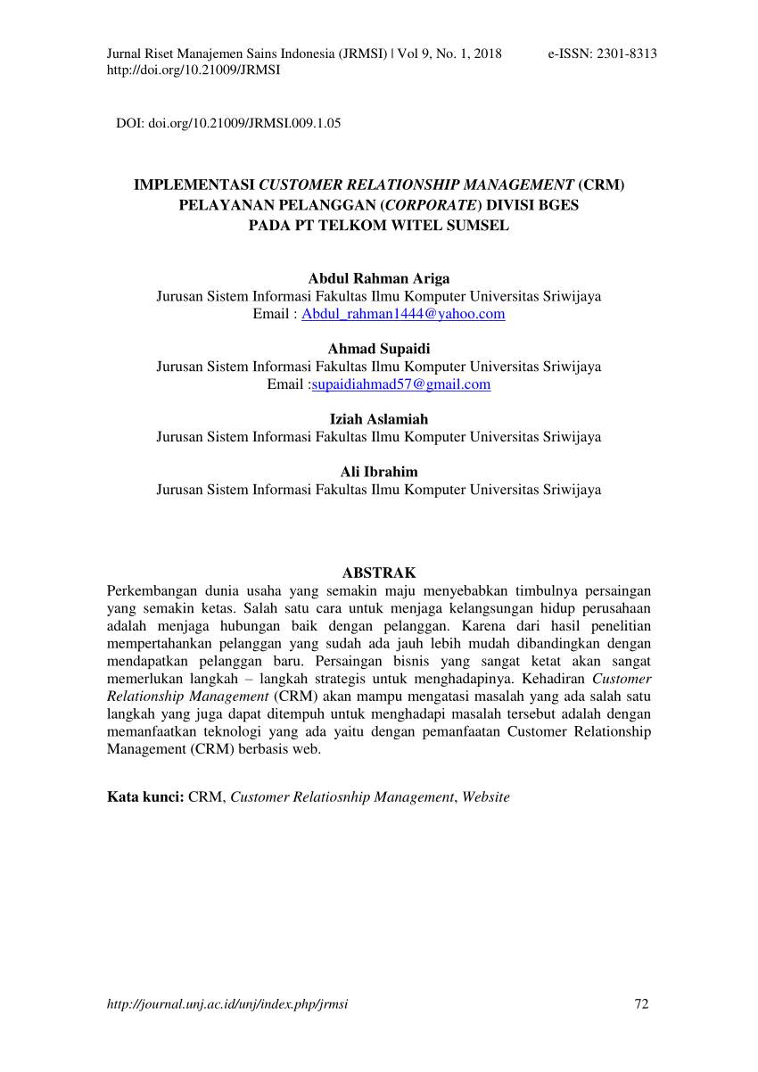 Pdf Implementasi Customer Relationship Management Crm Pelayanan Pelanggan Corporate Divisi 8337