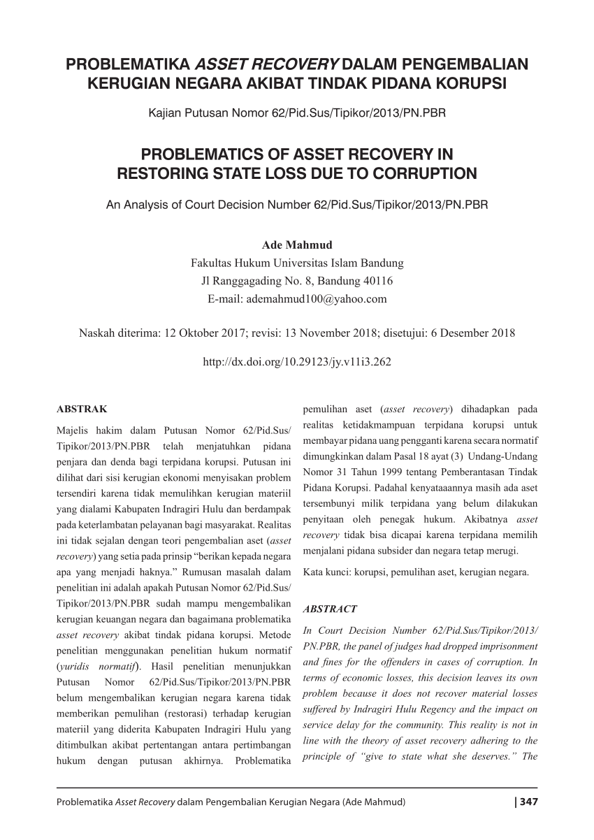 Pdf Problematika Asset Recovery Dalam Pengembalian Kerugian Negara Hot Sex Picture 3978