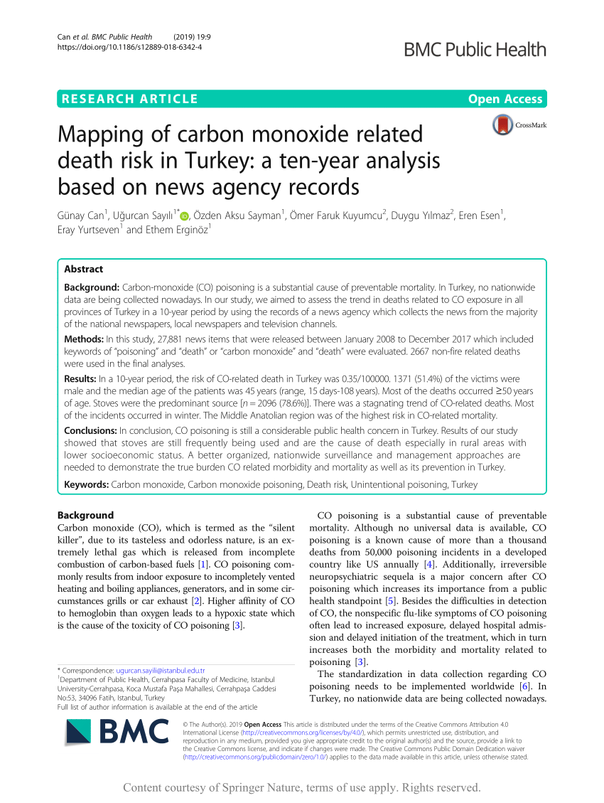 Pdf Mapping Of Carbon Monoxide Related Death Risk In Turkey A Ten Year Analysis Based On News Agency Records