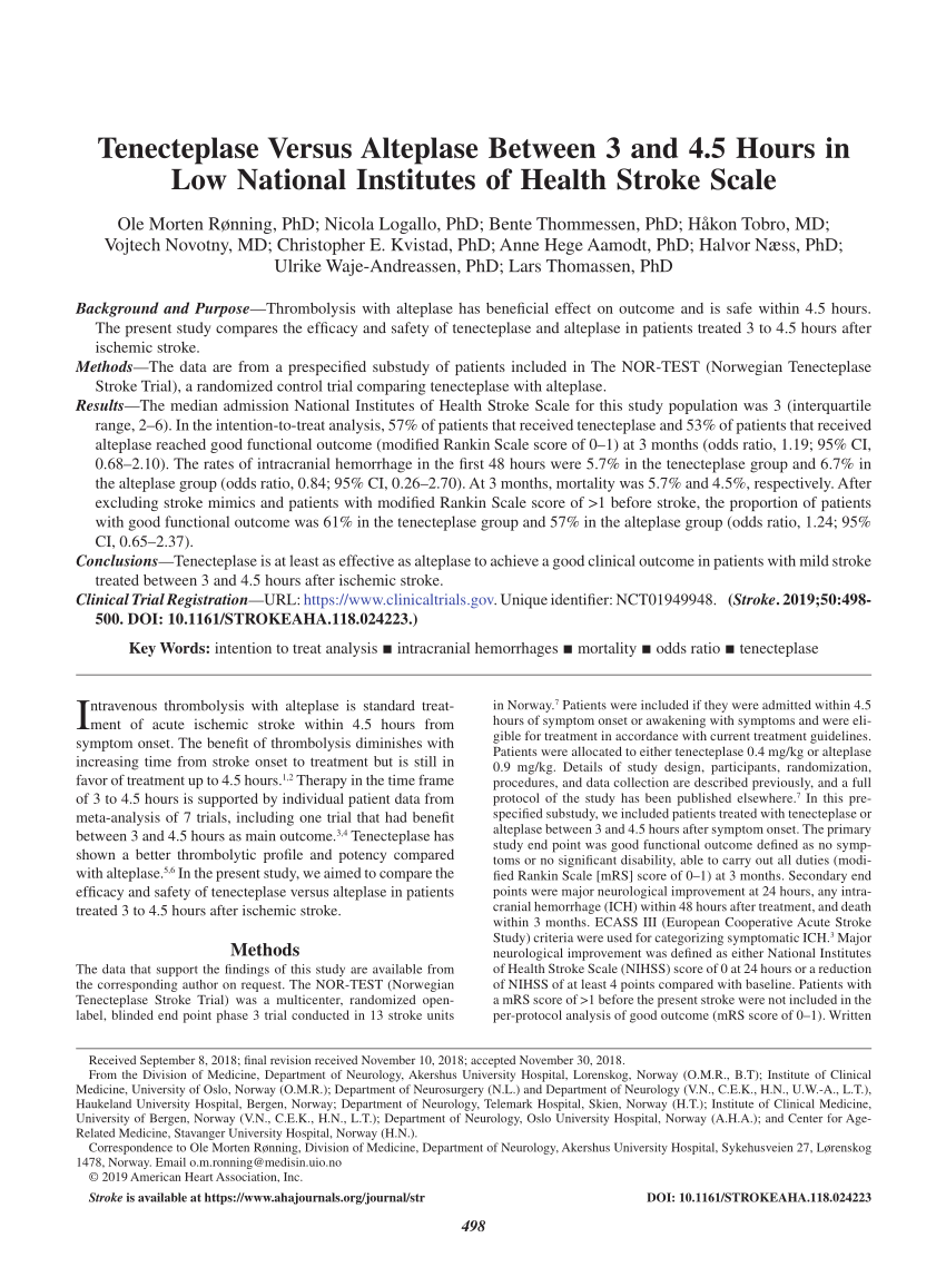 Tenecteplase versus alteplase for the management of acute ischaemic stroke  in Norway (NOR-TEST 2, part A): a phase 3, randomised, open-label, blinded  endpoint, non-inferiority trial - The Lancet Neurology