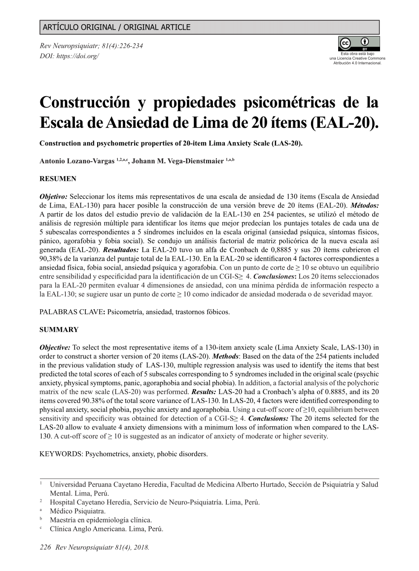 Pdf Construccion Y Propiedades Psicometricas De La Escala De Ansiedad De Lima De Items Eal