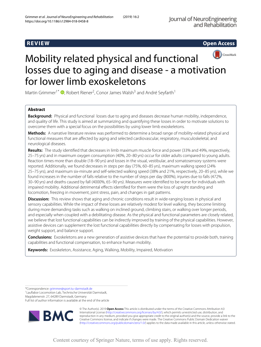 (PDF) Mobility related physical and functional losses due to aging and  disease - A motivation for lower limb exoskeletons