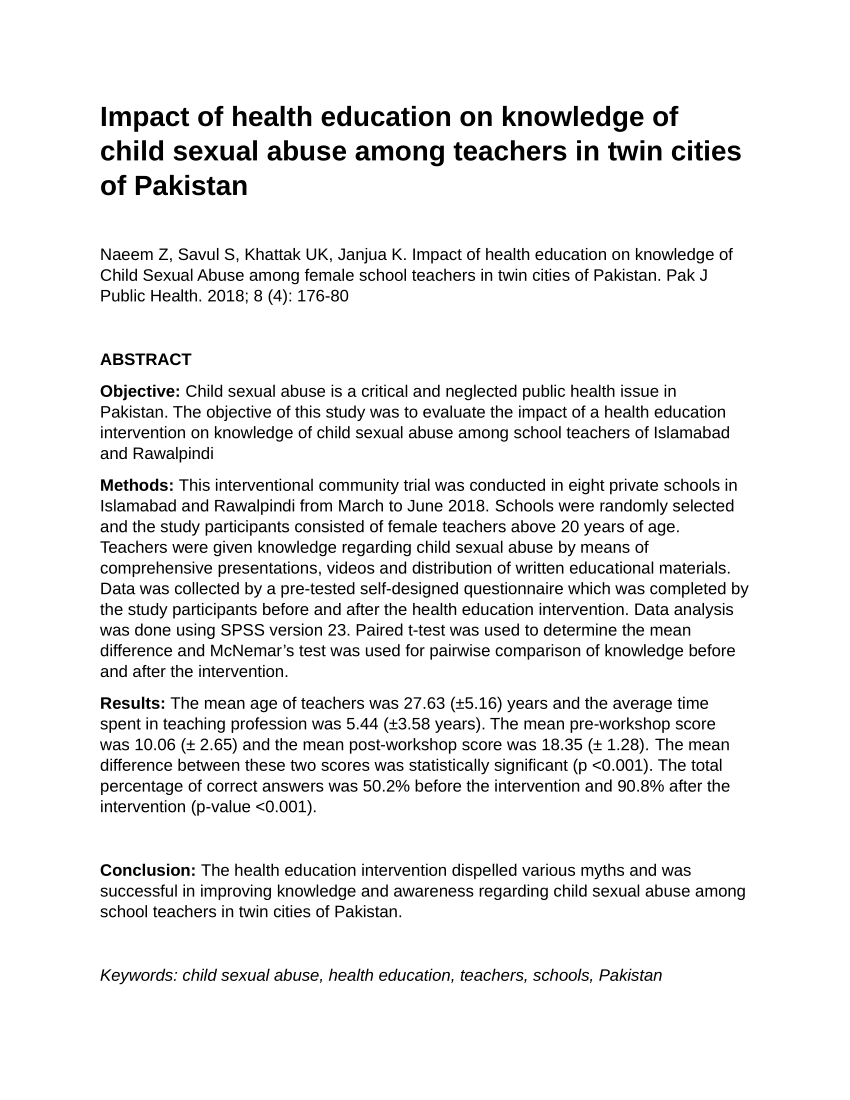PDF) IMPACT OF HEALTH EDUCATION ON KNOWLEDGE ON CHILD SEXUAL ABUSE AMONG  TEACHERS IN TWIN CITIES OF PAKISTAN