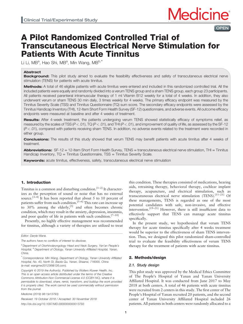 Comparison of the effectiveness between transcutaneous electrical nerve  stimulation, manual acupuncture, and electroacupuncture on tinnitus: study  protocol for a randomized controlled trial, Trials