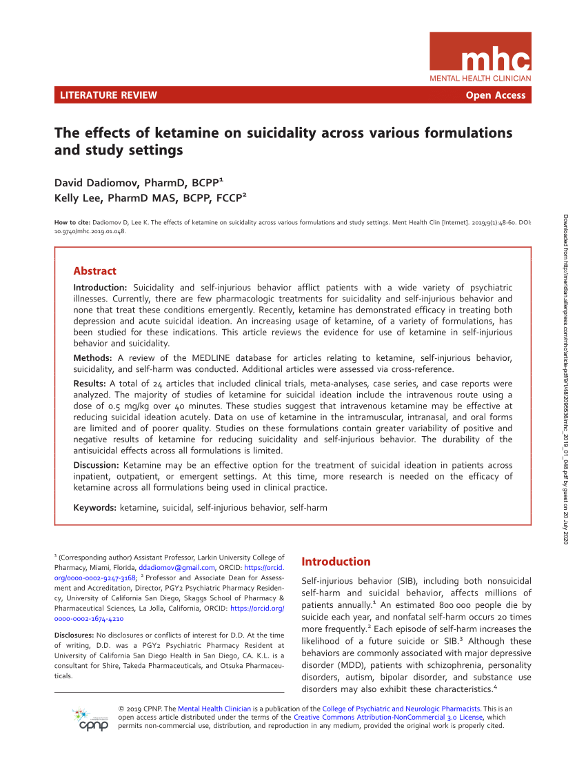 Pdf The Effects Of Ketamine On Suicidality Across Various Formulations And Study Settings