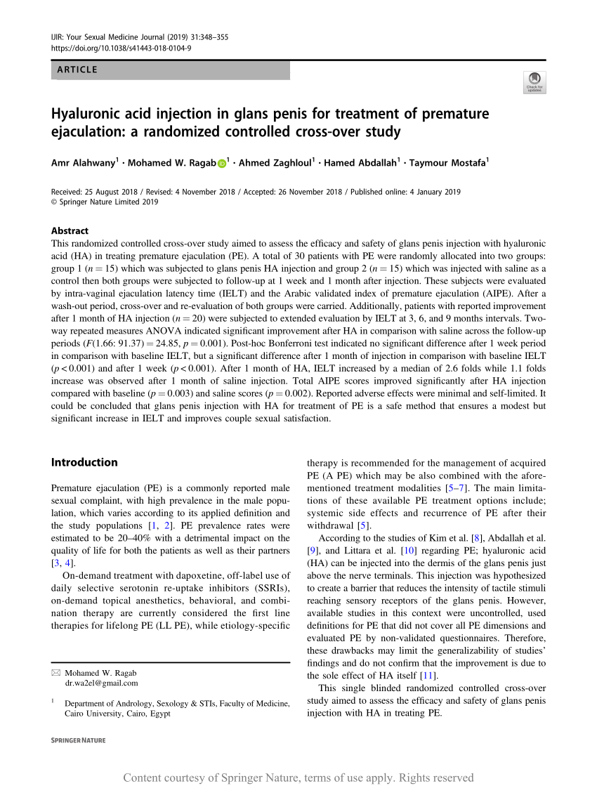 Hyaluronic acid injection in glans penis for treatment of