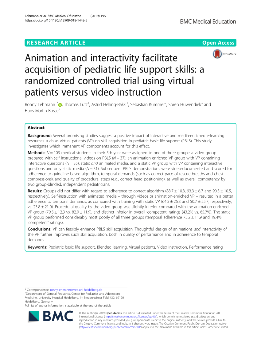 PDF) Animation and interactivity facilitate acquisition of pediatric life  support skills: A randomized controlled trial using virtual patients versus  video instruction