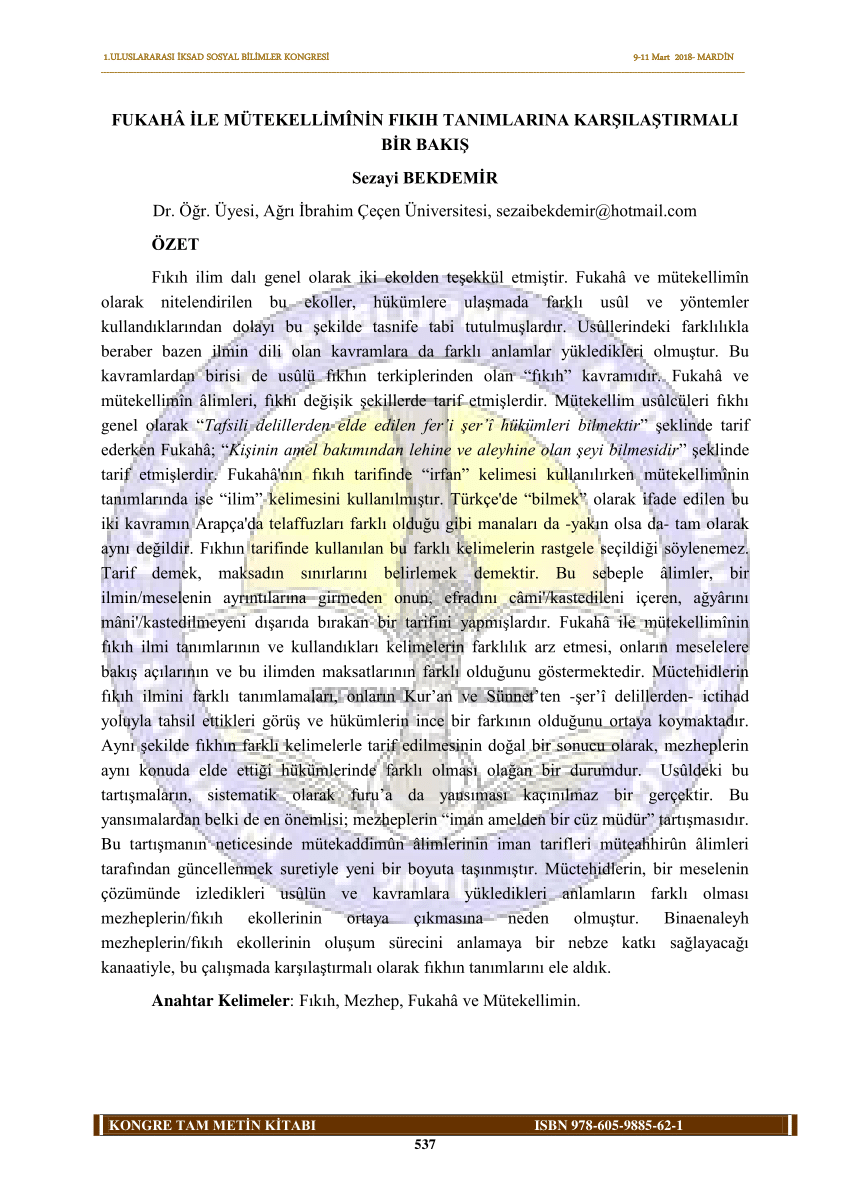 pdf fukaha ile mutekelliminin fikih tanimlarina karsilastirmali bir bakis sezayi bekdemir