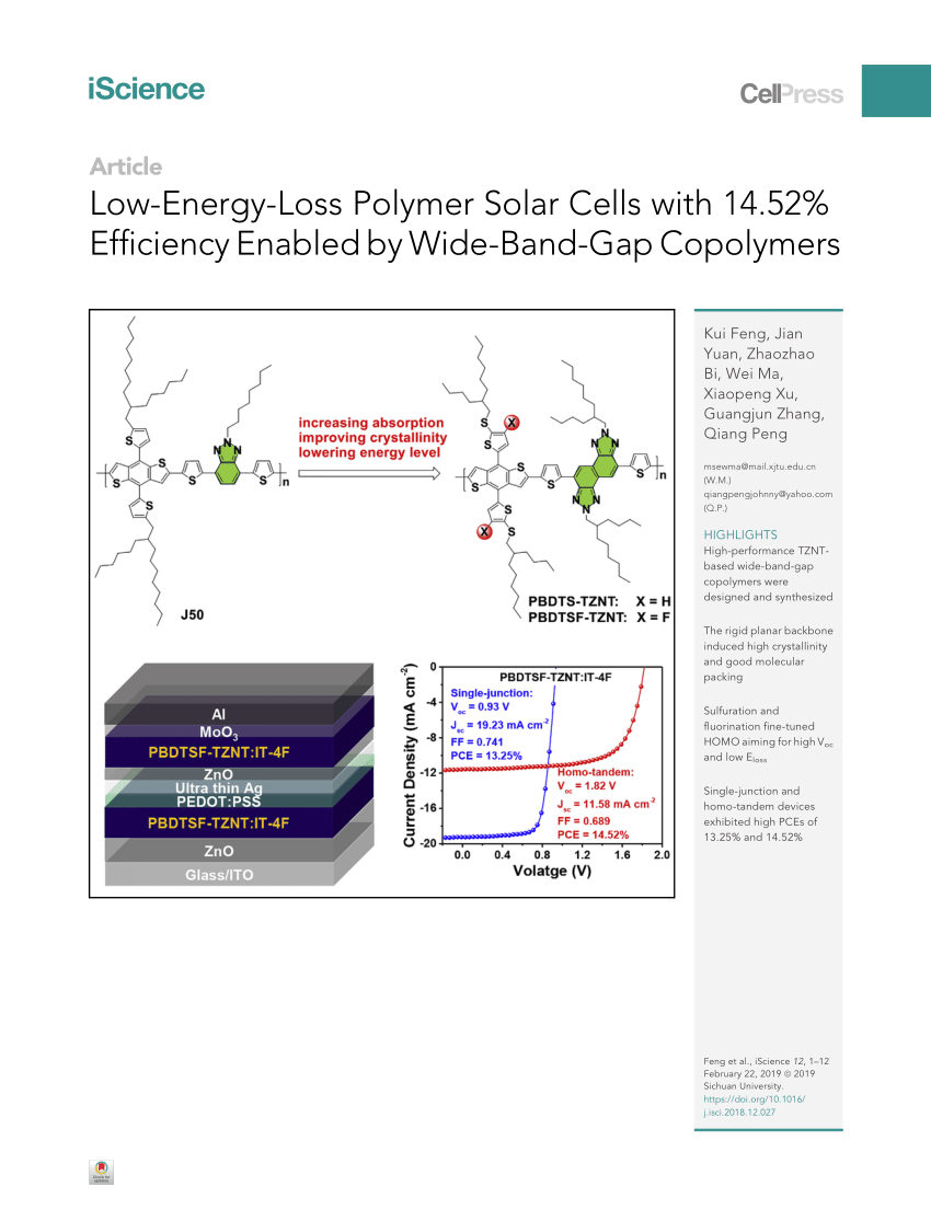 Pdf Low Energy Loss Nonfullerene Polymer Solar Cells With Over 14 5 Efficiency Enabled By Naphthobistriazole Based Wide Bandgap Copolymers