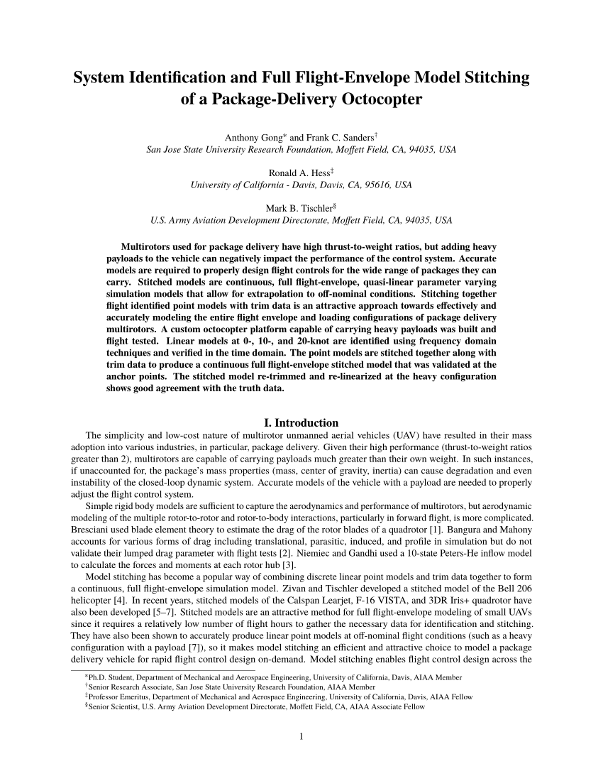 Pdf Frequency Domain System Identification And Model Stitching Of A Package Delivery Octocopter