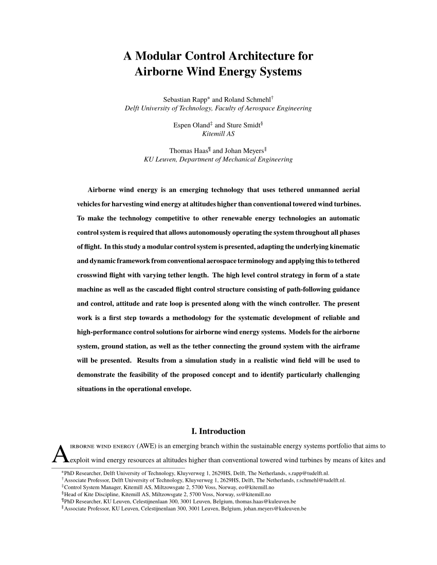 Pdf A Modular Control Architecture For Airborne Wind Energy Systems