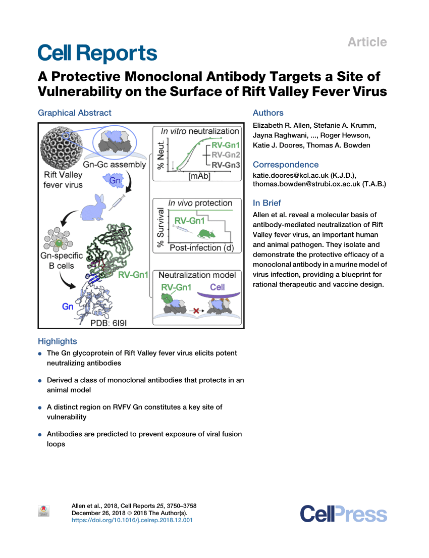 Pdf A Protective Monoclonal Antibody Targets A Site Of Vulnerability On The Surface Of Rift Valley Fever Virus