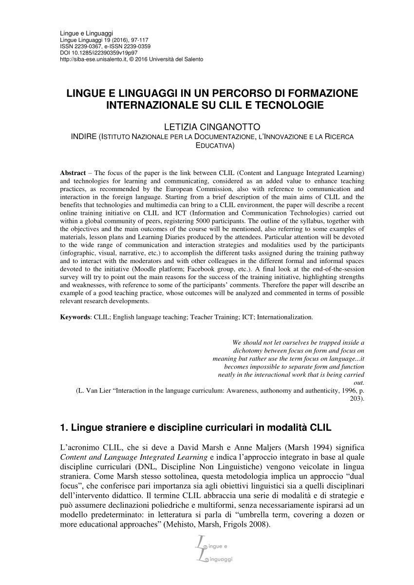 PDF) LINGUE E LINGUAGGI IN UN PERCORSO DI FORMAZIONE INTERNAZIONALE SU CLIL  E TECNOLOGIE