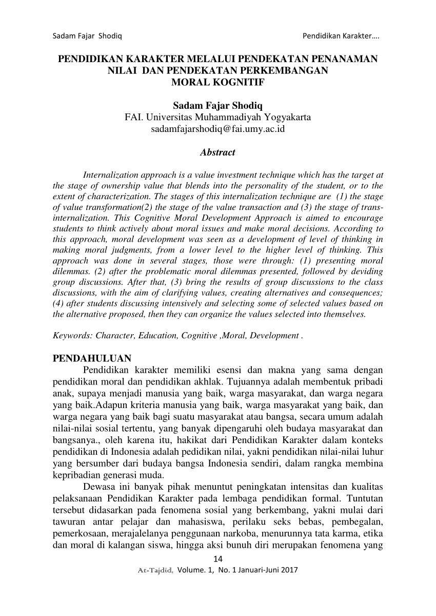 Pdf Pendidikan Karaktermelalui Pendekatan Penanaman Nilai Danpendekatan Perkembangan Moral Kognitif