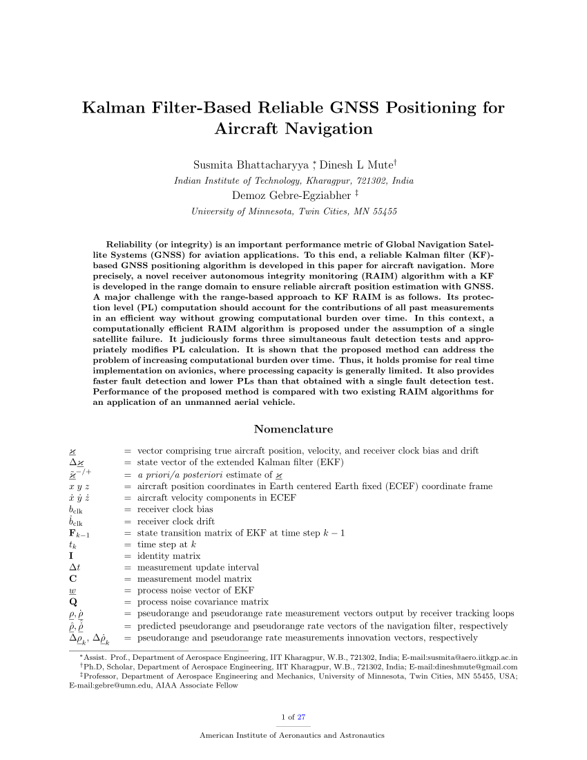 Pdf Kalman Filter Based Reliable Gnss Positioning For Aircraft Navigation