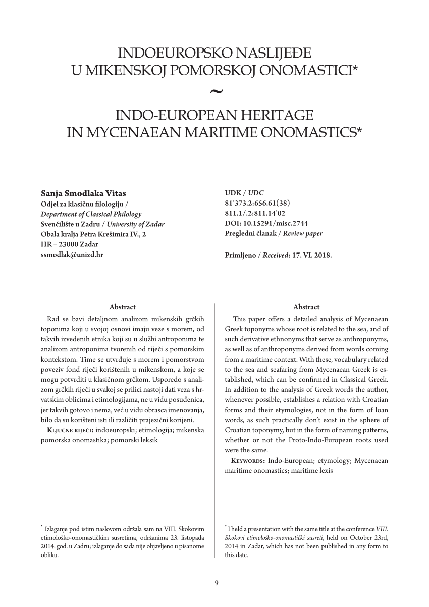 Pdf Indoeuropsko Naslijeđe U Mikenskoj Pomorskoj Onomastici