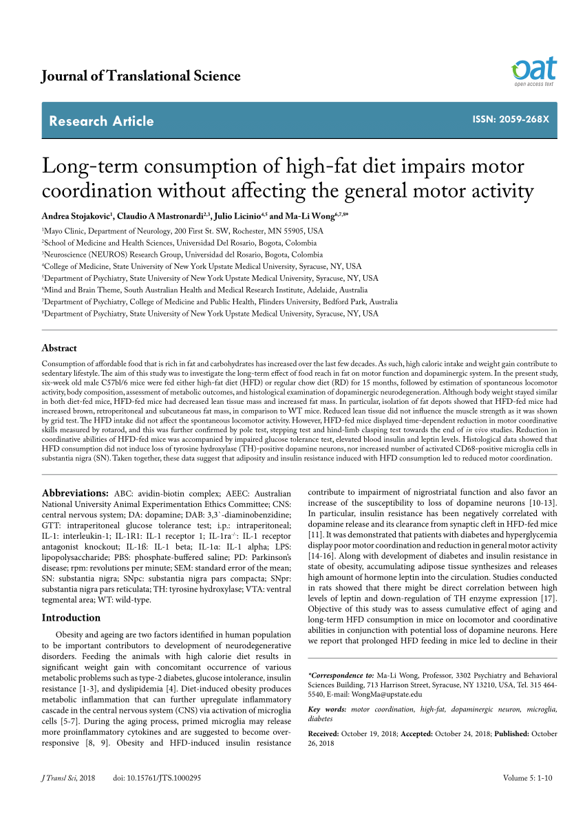 Long-term consumption of high-fat diet impairs motor coordination without  affecting the general motor activity