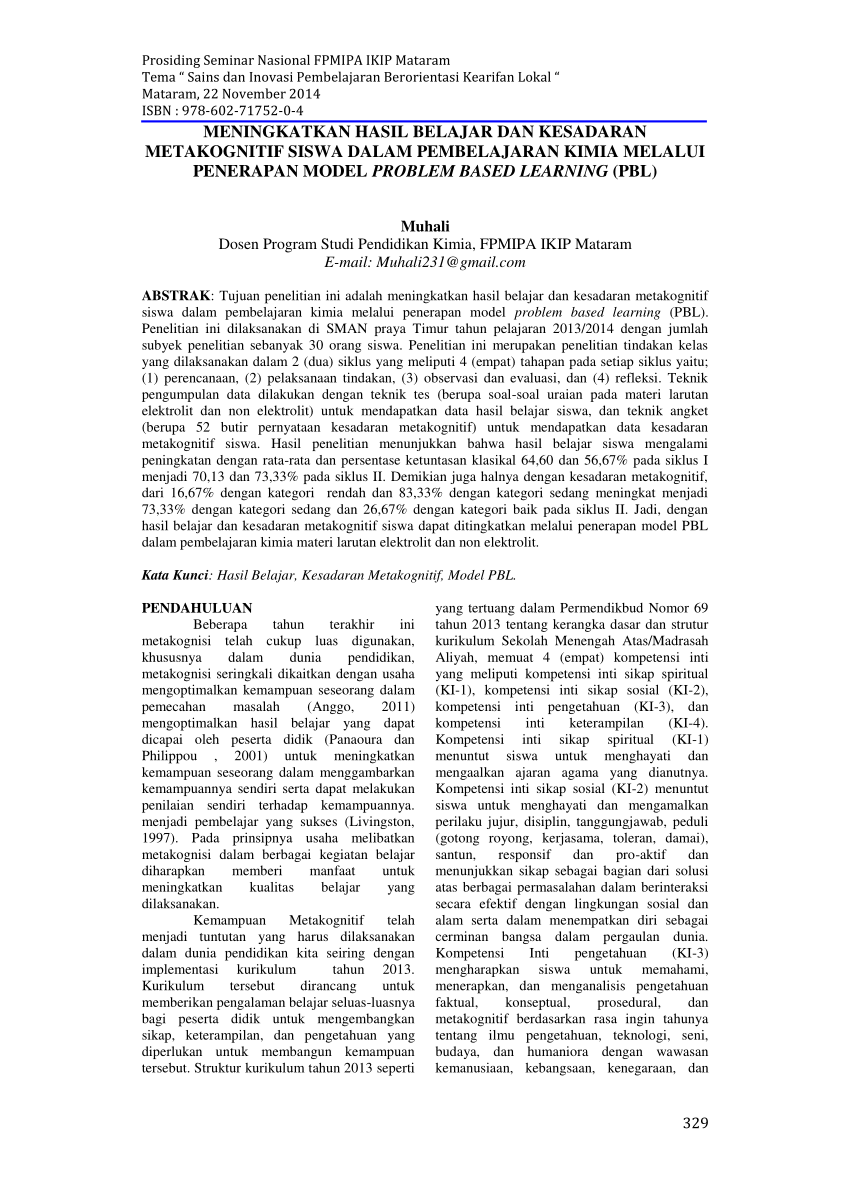 Pdf Meningkatkan Hasil Belajar Dan Kesadaran Metakognitif Siswa Dalam Pembelajaran Kimia Melalui Penerapan Model Problem Based Learning Pbl