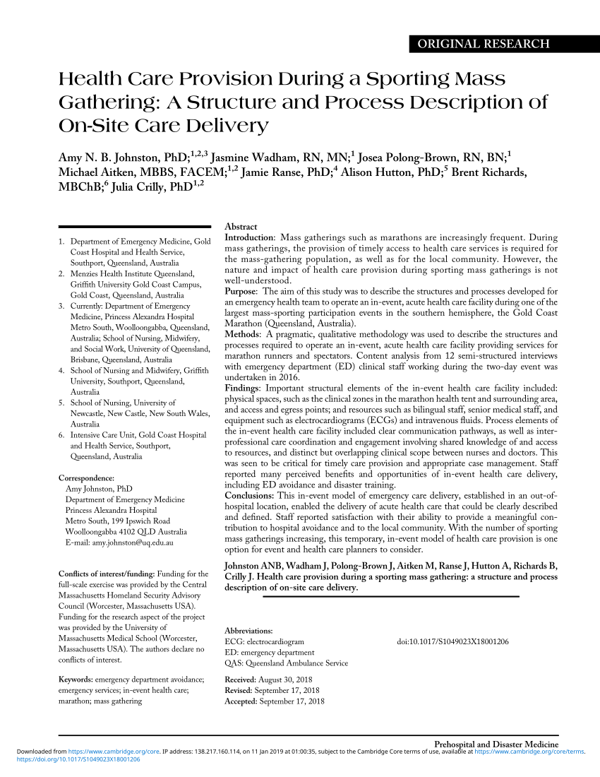 Pdf Health Care Provision During A Sporting Mass Gathering