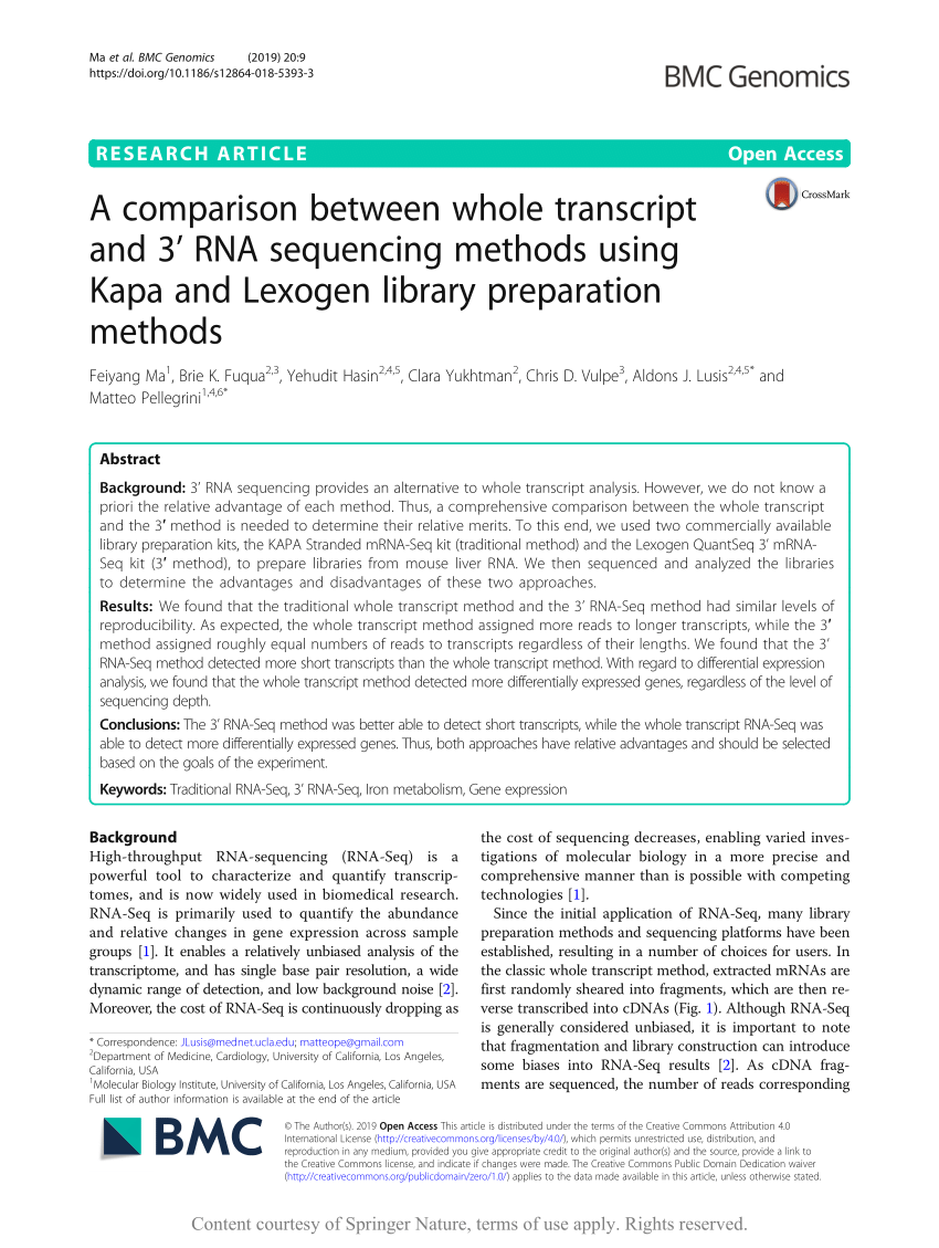 Pdf A Comparison Between Whole Transcript And 3 Rna Sequencing Methods Using Kapa And Lexogen Library Preparation Methods