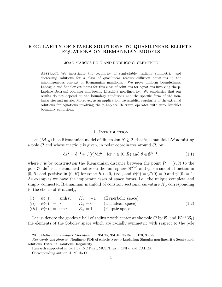 Pdf Regularity Of Stable Solutions To Quasilinear Elliptic Equations On Riemannian Models