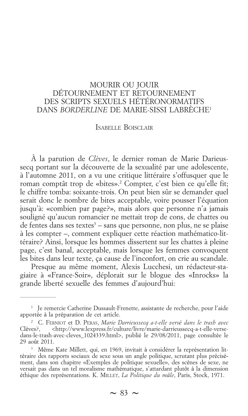 PDF) Mourir ou jouir détournement et retournement des scripts sexuels hétéronormatifs dans Bordeline de Marie-Sissi Labrèche photo